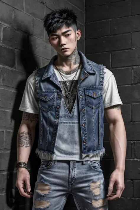 gothic style, nsfw photo of a 20 year old South Korean brawny man wearing a Acid-washed denim vest, acid-washed jeans, high-top Keds, dark, mysterious, intricate, moody