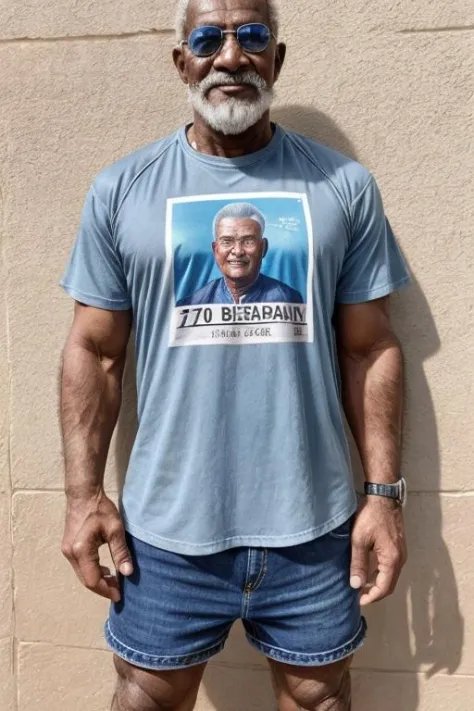 breathtaking, nsfw photo of a 70 year old Chadian beefy man wearing a graphic t-shirt, denim shorts, and flip-flops ,award-winning, professional, highly detailed