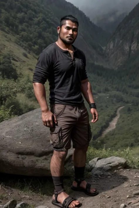 gothic style, nsfw photo of a 30 year old Bhutanese beefy man wearing a henley shirt, cargo shorts, and hiking sandals ,dark, mysterious, intricate, moody
