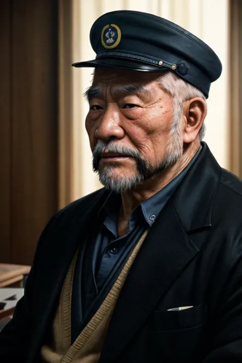 cinematic film still of a 90 year old korean-american buff man with a short boxed beard ,shallow depth of field, vignette, highly detailed, high budget Hollywood movie, bokeh, cinemascope, moody, epic, gorgeous, film grain, grainy