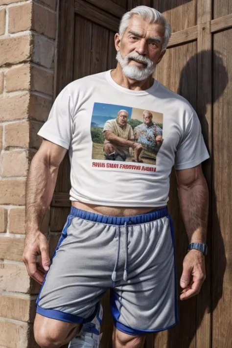 breathtaking, nsfw photo of a 80 year old Serbian brawny man wearing a printed t-shirt, jogger shorts, and athletic shoes ,award-winning, professional, highly detailed