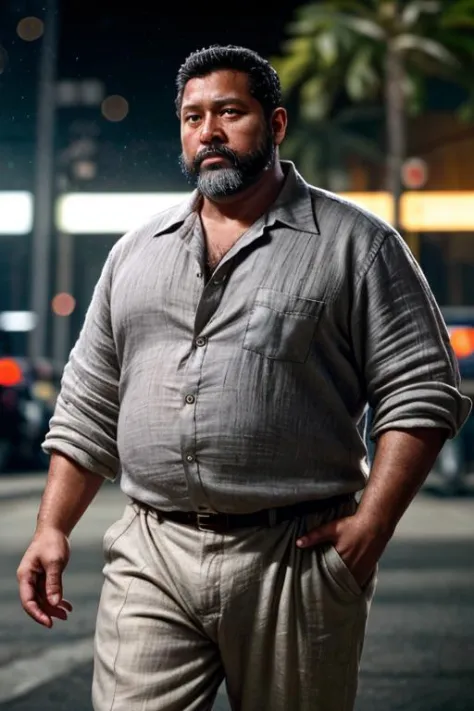 cinematic film still of a 40 year old Belizean fat man wearing a linen button-down shirt, lightweight trousers, and loafers with a pointy beard , shallow depth of field, vignette, highly detailed, high budget Hollywood movie, bokeh, cinemascope, moody, epi...