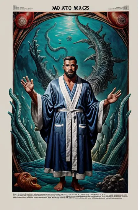 1950's ad featuring , a _ Belizean man with a Robe of Deep Sea, metal magic, illustration,  painterly, print ad