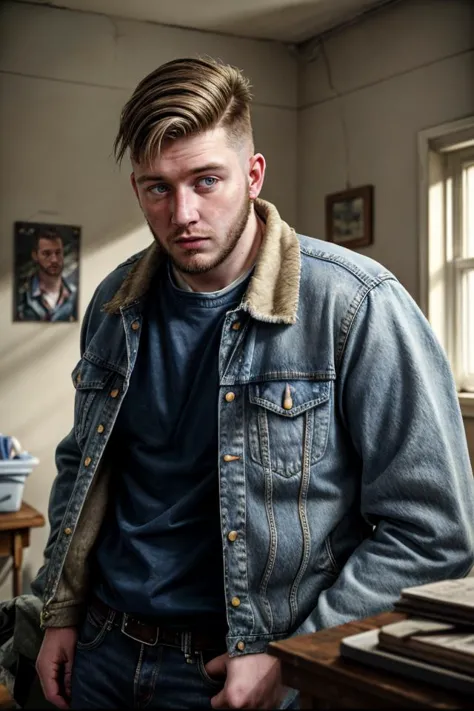 arafed man in a denim jacket standing in a room