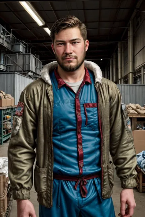 arafed man in a blue and green jacket and tie standing in a warehouse