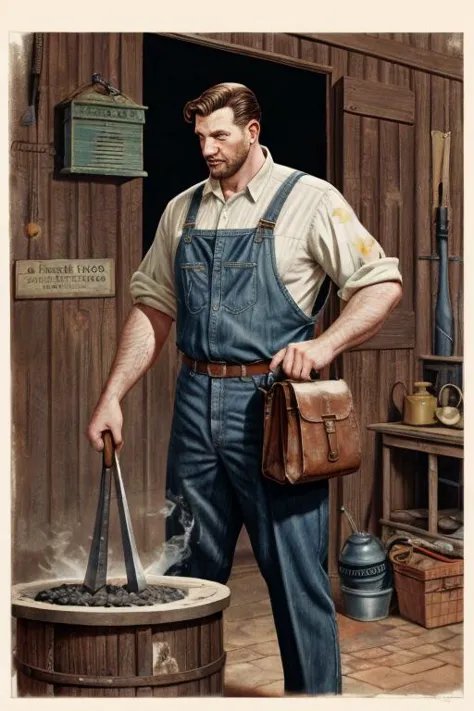 1950's ad featuring , a tall American man with a Very Sturdy Bag, shaping and forging metal with magic, illustration,  painterly...