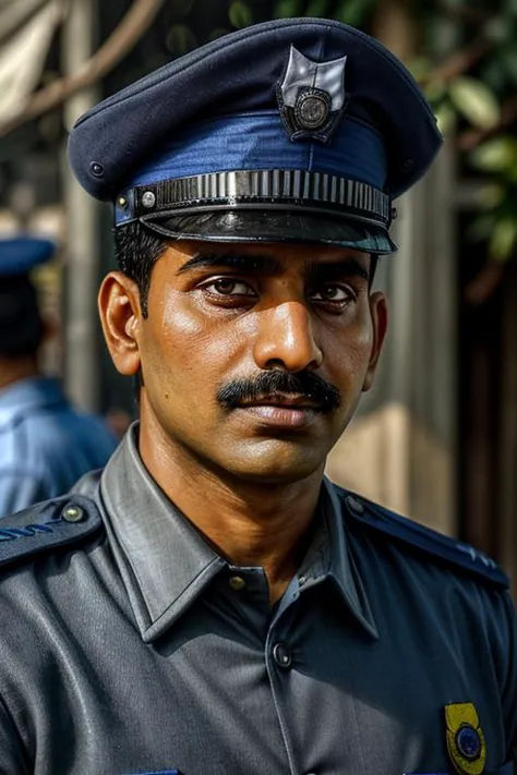 arafed police officer in uniform standing in front of a building