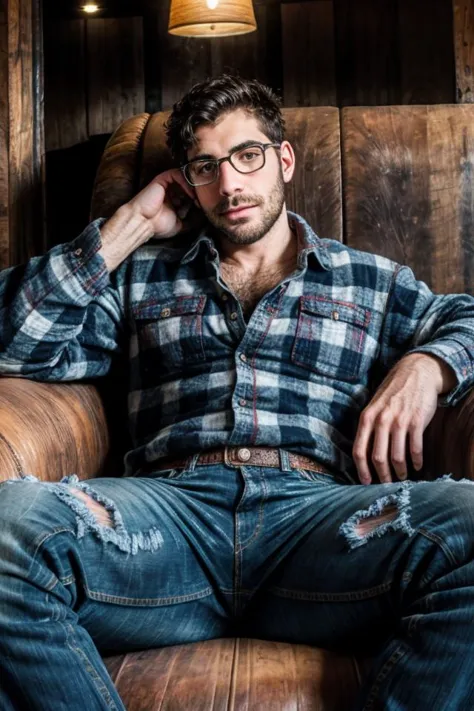 a photo of a man sitting on the sofa of a ski lodge, stubble, black hair, hairy, jeans, flannel shirt