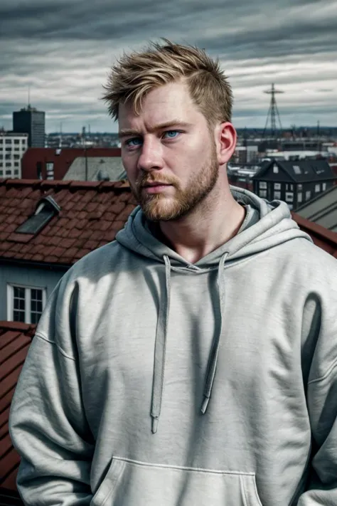 arafed man in a hoodie standing on a roof with a city in the background