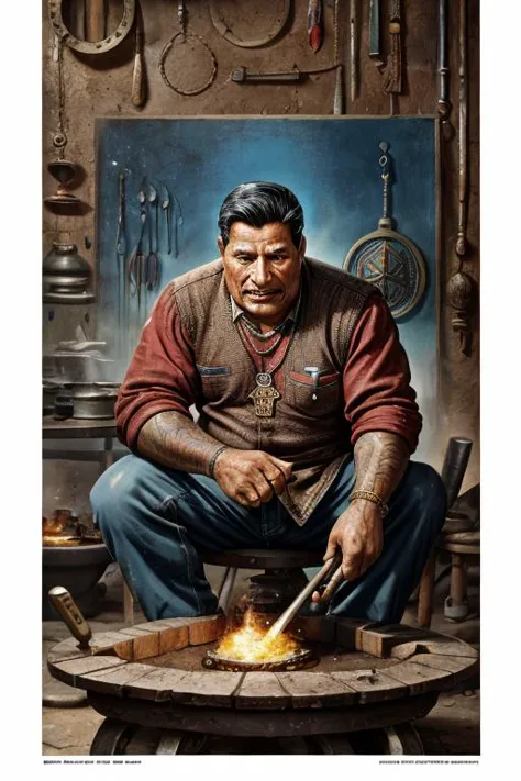 1950's ad featuring , a average Bolivian man with a Amulet, shaping and forging metal with magic, illustration,  painterly, prin...