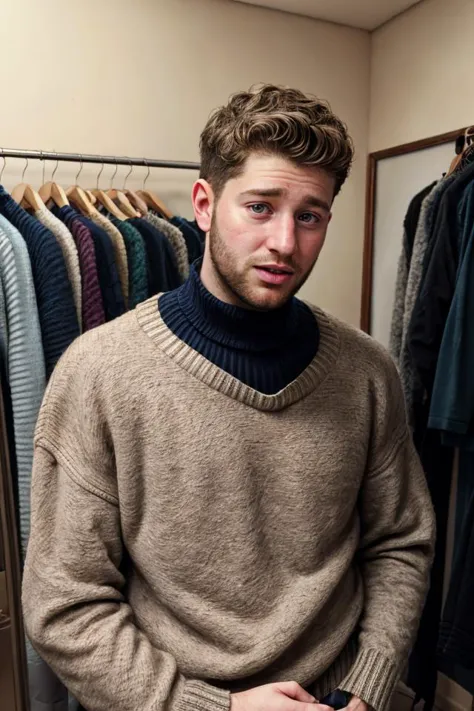 arafed man in a sweater and jeans standing in front of a rack of clothes