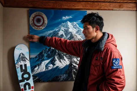 arafed man in a red jacket pointing at a snowboard