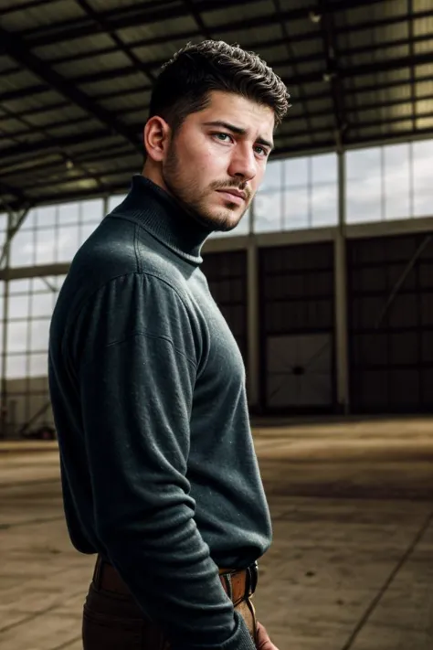 a man in a gray sweater standing in an empty warehouse