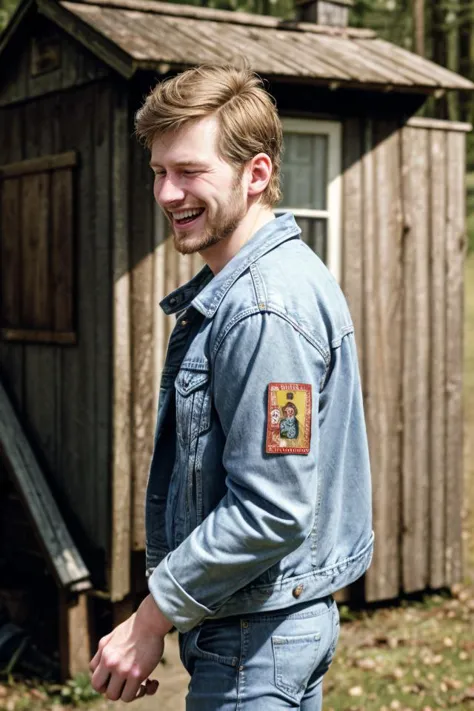 arafed man in denim jacket standing in front of a wooden shed