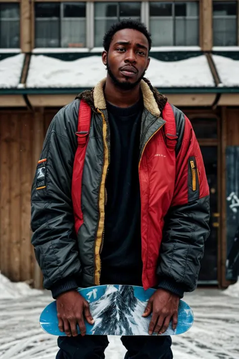 arafed man in a red jacket holding a snowboard in front of a building