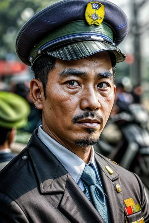 arafed man in uniform standing in front of a crowd of people