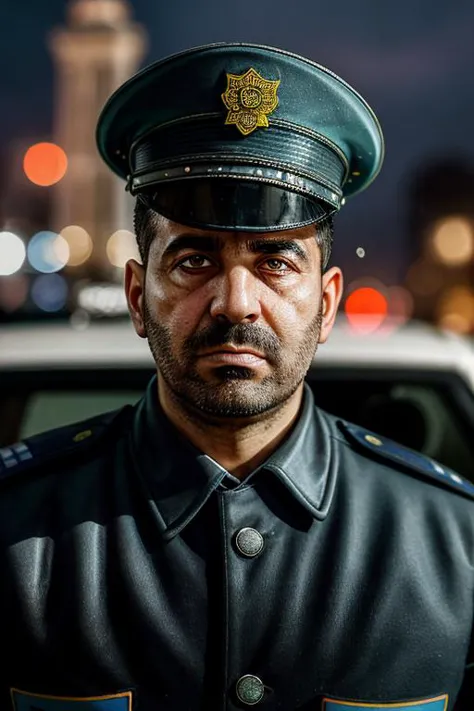 arafed man in uniform standing in front of a police car