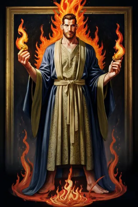 a painting of jesus holding a flaming in his hands