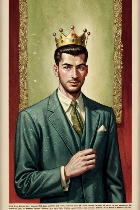 1950's ad featuring , a thin Tinerfeno man with a Crown of Composure, substance transformation, illustration,  painterly, print ...