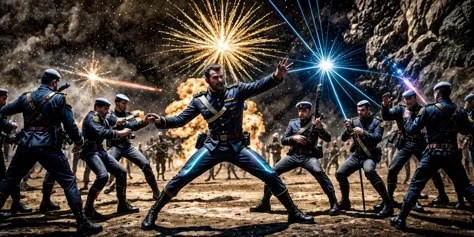 a group of soldiers in uniform are standing in front of a fire