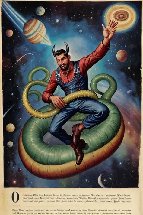 1950's ad featuring , a thin Nicaraguan man with a Tentacle Horn, space-warping abilities, spacepunk, illustration,  painterly, ...