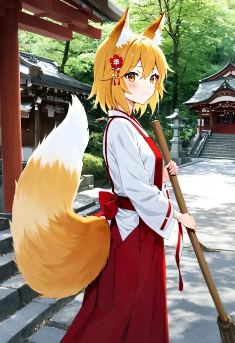 1girl,solo,<lora:senko_animagineXL_v1:0.5>,sen,blonde hair,animal ears,fox ears,blush,animal ear fluff,hair ornament,fox girl,hair flower,hair,short hair,fox tail,tail,
young girl,miko,japanese clothes,apron,
standing,cleaning with a broom,holding broom,
portrait,
<lora:jinzya_SDXL_V1:0.6>,jinzya,tree,scenery,stone lantern,outdoors,real world location,torii,stairs,shrine,day,traditional media,road,pavement,statue,
very aesthetic,best quality,official art,photo background,cinematic Scene,Fantastic,detailed face,masterpiece,eyes,