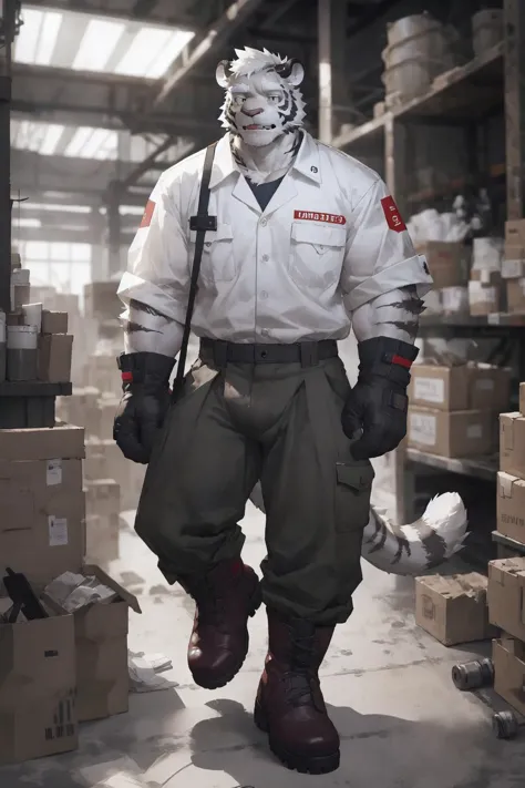 a man in a white shirt and green pants standing in a warehouse