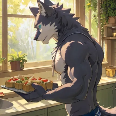 anime picture of a wolf holding a plate of food in a kitchen