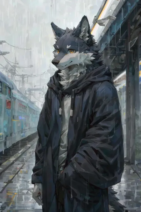 masterpiece, best quality, perfect anatomy,nj5furry,kemono,
solo,male,anthro,wolf,baggy clothing, gentle, 
bright eyes, detailed eyes, looking at viewer, 
train station, waterdrop, grey sky, raining, fog,