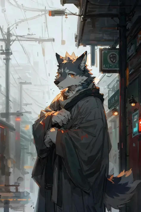 anime wolf in a cloak and a hoodie standing on a city street