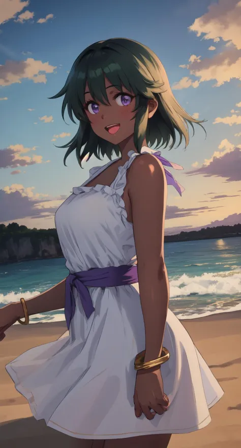 a woman in a white dress standing on a beach next to the ocean