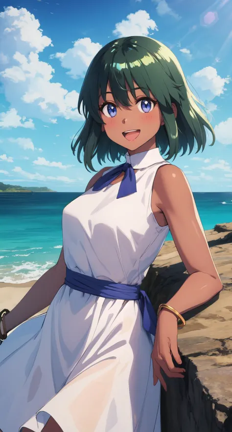 a woman in a white dress standing on a rocky beach