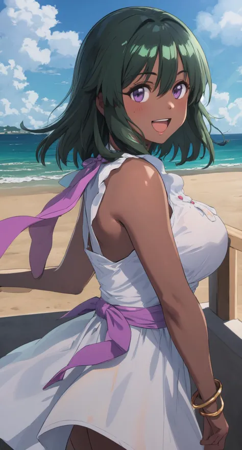 a woman in a white dress standing on a beach next to the ocean