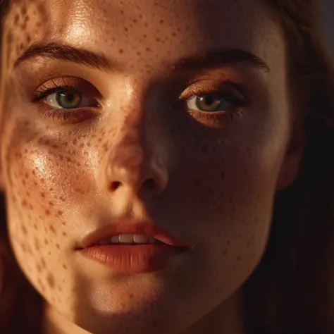 a close up of a woman with freckles on her face