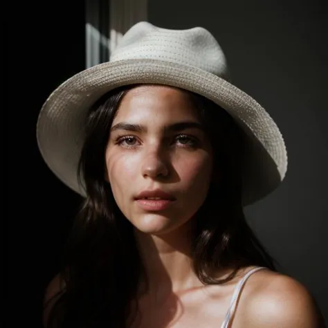 a close up of a woman wearing a hat and a white tank top