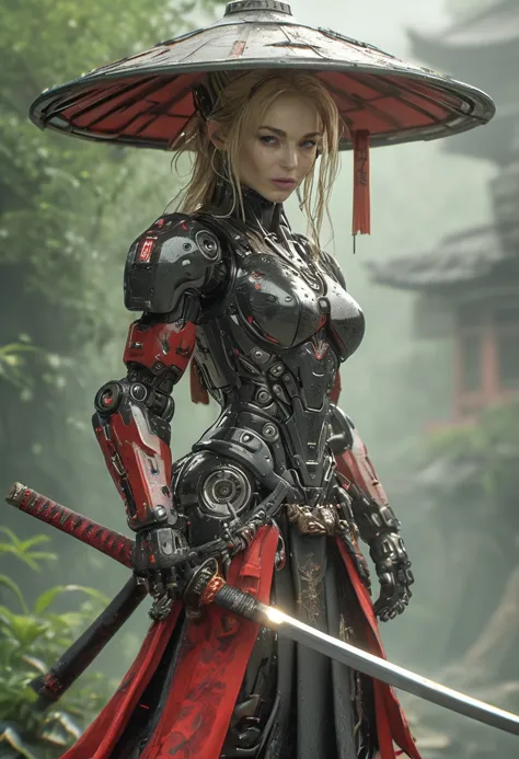 professional photography of ((ctyltzwc woman)), a Cyborg Samurai, blonde hair, wearing black and red, robot body parts and high-tech mechanical armor, Asian style hat, sharp face focus, 16k, HDR, DSLR, insane detailed, holding a samurai sword, Katana, natural light, detailed shadows, award-winning photo, standing in a high-tech Japanese zen garden, casting shadow style, 