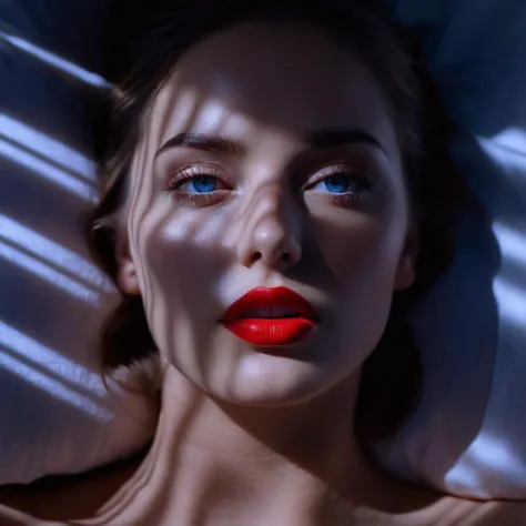 a close up of a woman laying in bed with a red lipstick