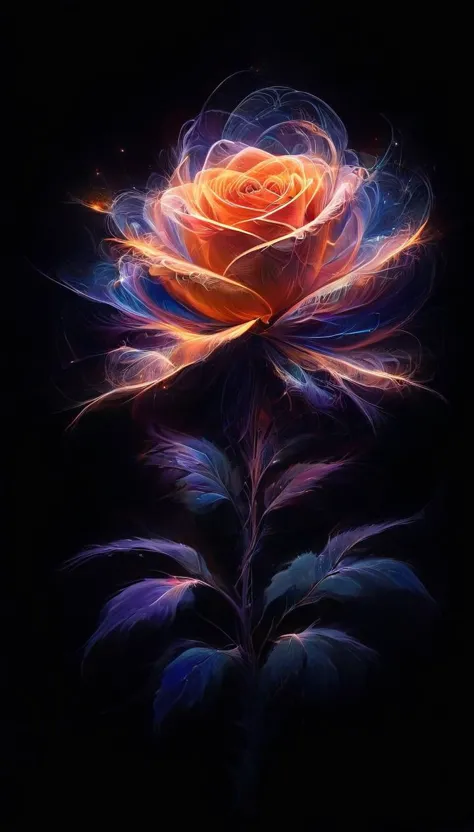 (a rose:1.4), see through, surrounded by a bright retrowave colors glow, reflections, dark background covered with glowing stars...