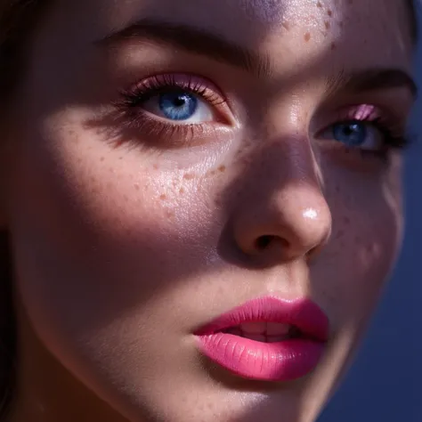 a close up of a woman with freckles and pink lipstick