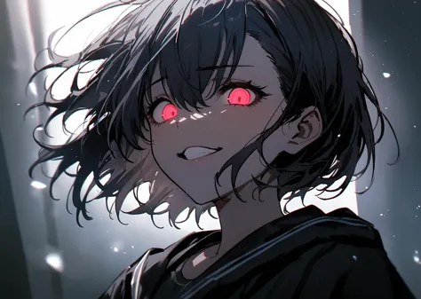 anime girl with red eyes staring at something