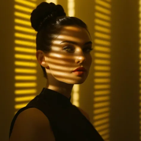 Cinématique film still of  A cucoloris patterned illumination casting a large diagonal bar ombre on a modeling woman with a black top and a black top,1fille,seulement,regarder le spectateur,Cheveux courts,cheveux noirs,les yeux jaunes,Chignon,flou,Lèvres,ombre,lumière du soleil,portrait,Réaliste,ombre,dappled lumière du soleil,Cinématique,film,Filmique,casting ombre,venetian blinds casting ombre light,ombre on face,face partially covered in ombre,different ombre,window casting ombre light,cinématographie,détaillé,détaillé background,détaillé face,Haute qualité,8k,capot,kookaloris,Cookaloris ou Cucalorus,modificateur de lumière,motif de lumière différent,main, lumière créative,unique ombre , casting ombre style, Faible profondeur de champ, vignette, highly détaillé, budget élevé, bokeh, cinémascope, lunatique, épique, magnifique, grain de film, granuleux