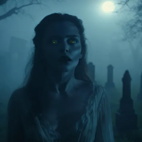 Temática de terror,  estilo de sombra proyectada
una mujer vampiro con colmillos de pie en un oscuro cementerio rodeado de niebla brumosa y luz de luna azul proyectando sombras sobre su rostro de piel pálida mientras mira a la cámara con brillantes ojos amarillos reflectantes en una escena de una película de terror, misterioso, inquietante, dark, escalofriante, suspenso, Severo, muy detallado