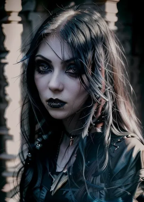 a close up of a woman with black makeup and piercings