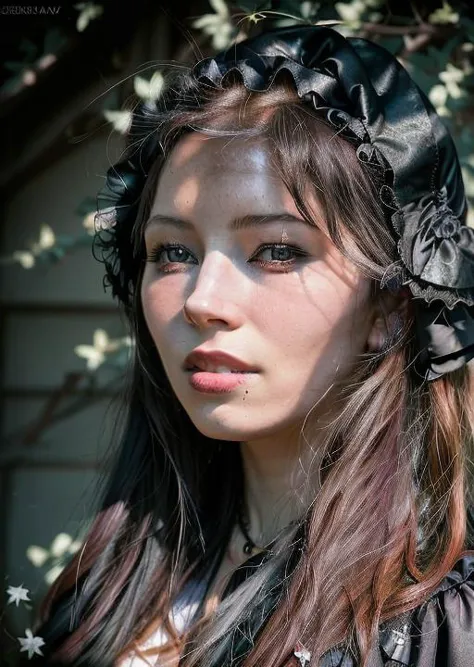 a close up of a woman with a black hat and a flower in her hair