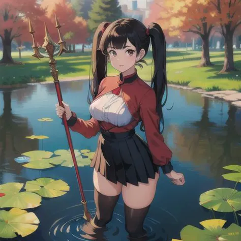 anime girl with a sword in a pond with lily pads