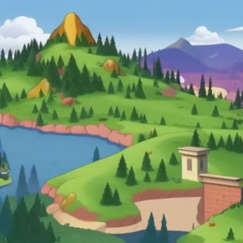 cartoon of a small house on a hill with a lake in the middle