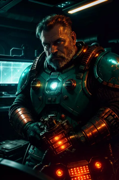 award winning waist up photo of a rugged dark science fiction space marine, wearing scratched and dented space marine gear, middle-aged, short copper hair and beard, green eyes, inside spaceship cockpit, electronic circuits hanging loose in background, fla...