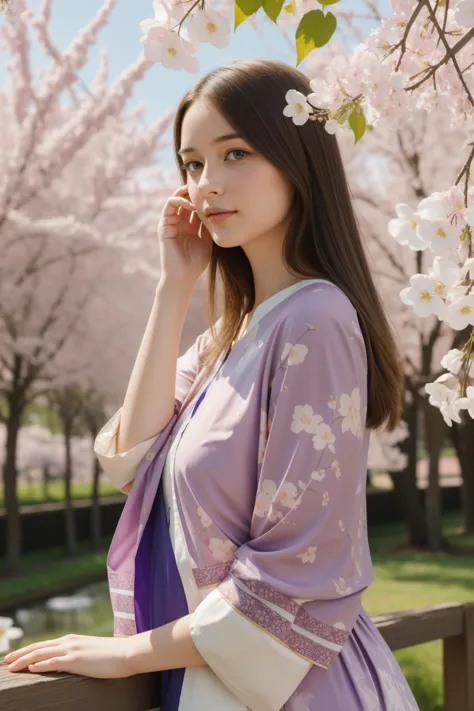 a woman in a purple kimono standing on a bridge