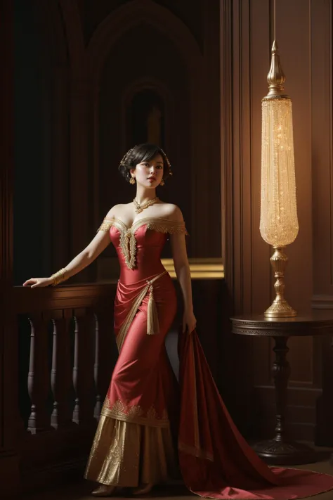 a woman in a red dress standing on a wooden railing