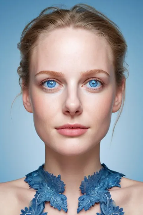 a woman with blue eyes and a blue dress with blue flowers on it